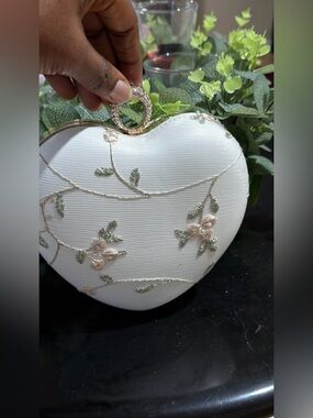 Heart-Shaped Embroidered Clutch in Ivory with Blush Floral Accents